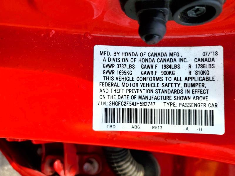 Продаж на аукціоні авто 2018 Honda Civic, vin: 2HGFC2F54JH582747, номер лоту: 57830026