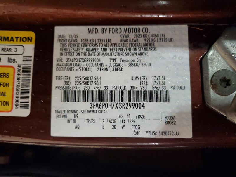 2016 Ford Fusion მანქანა იყიდება აუქციონზე, vin: 3FA6P0H7XGR299004, აუქციონის ნომერი: 57646036