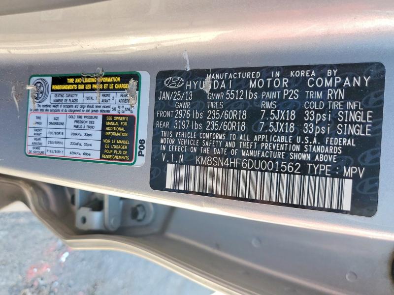 98422855 :رقم المزاد ، KM8SN4HF6DU001562 vin ، 2013 Hyundai Santa Fe مزاد بيع