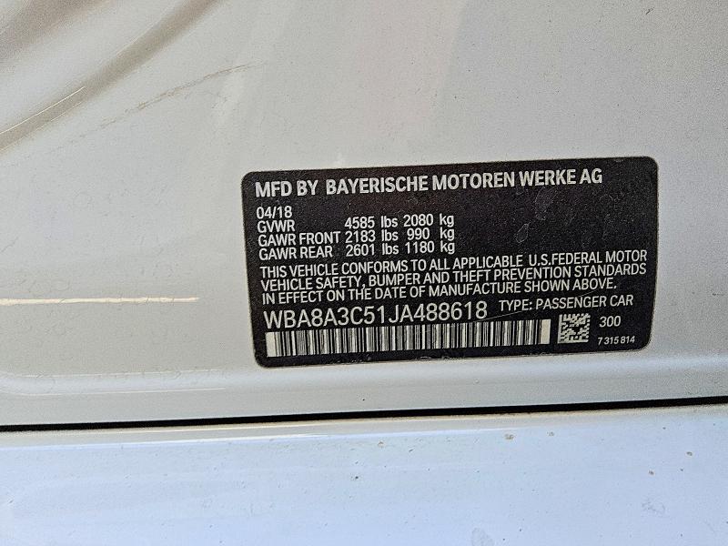 59233666 :رقم المزاد ، WBA8A3C51JA488618 vin ، 2018 Bmw 320 مزاد بيع