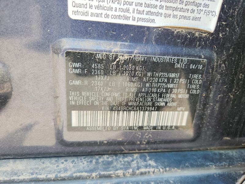 2010 Subaru Outback მანქანა იყიდება აუქციონზე, vin: 4S4BRCHC6A1379947, აუქციონის ნომერი: 56367616