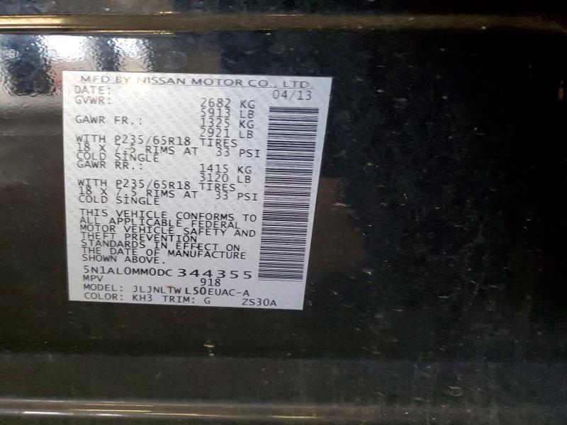 57883356 :رقم المزاد ، 5N1AL0MM0DC344355 vin ، 2013 Infiniti Jx35 مزاد بيع