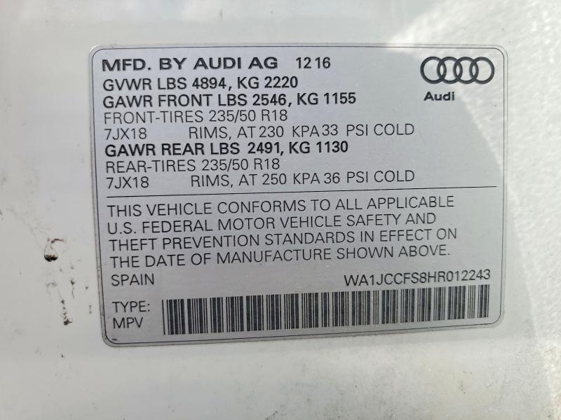 2017 Audi Q3 მანქანა იყიდება აუქციონზე, vin: WA1JCCFS8HR012243, აუქციონის ნომერი: 57122156