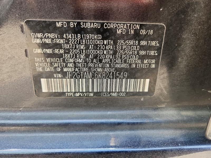 58535926 :رقم المزاد ، JF2GTAMC6K8241549 vin ، 2019 Subaru Crosstrek مزاد بيع