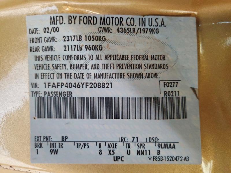 Продажа на аукционе авто 2000 Ford Mustang, vin: 1FAFP4046YF208821, номер лота: 58141046