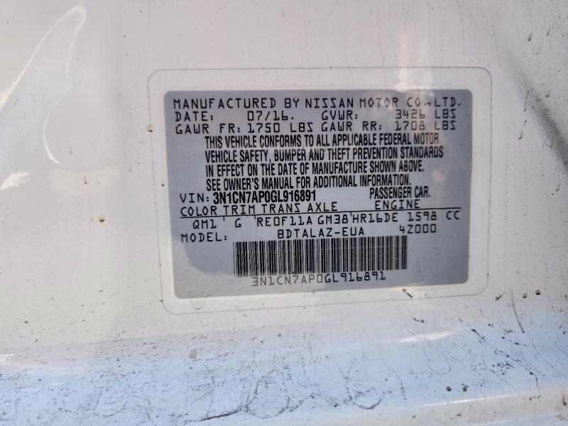 Aukcja sprzedaży 2016 Nissan Versa, vin: 3N1CN7AP0GL916891, numer aukcji: 56223716