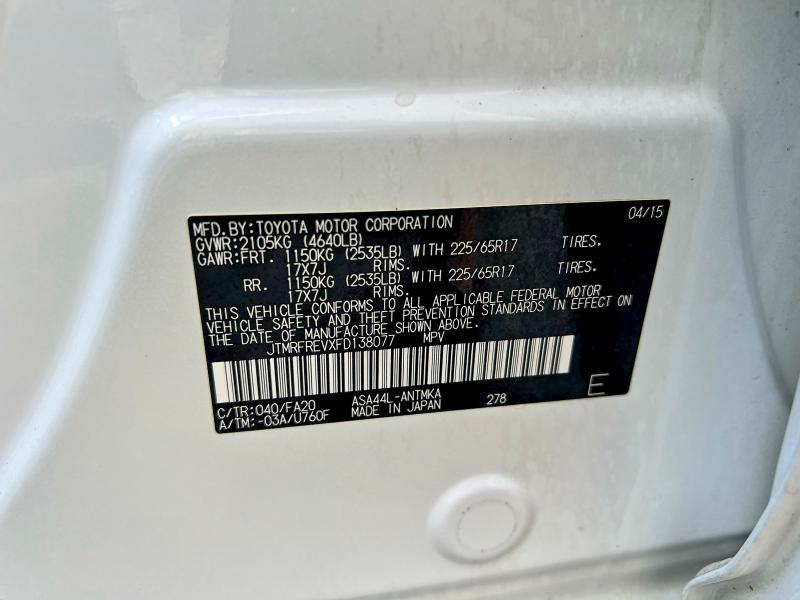 Aukcja sprzedaży 2015 Toyota Rav4, vin: JTMRFREVXFD138077, numer aukcji: 58080256