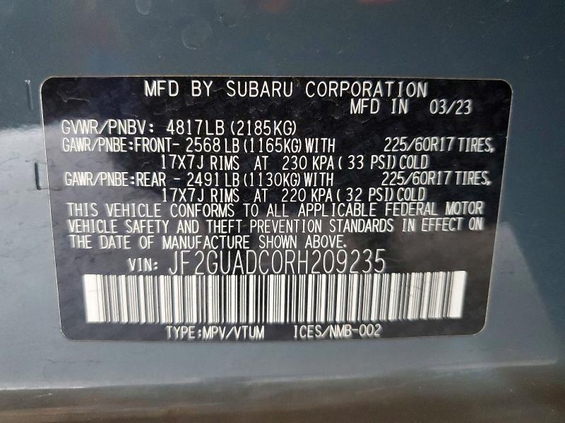 Продаж на аукціоні авто 2024 Subaru Crosstrek, vin: JF2GUADC0RH209235, номер лоту: 56297266