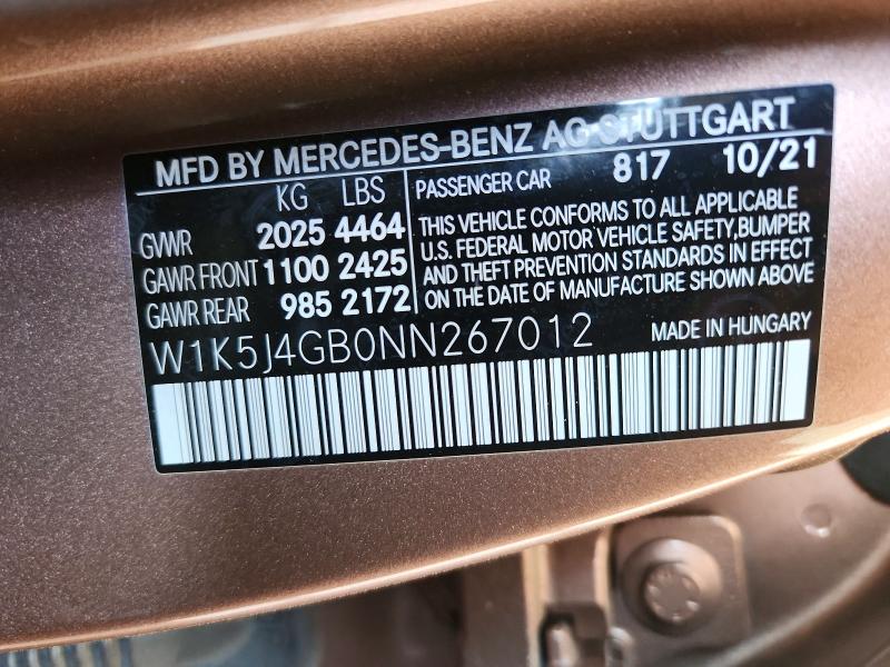 65573076 :رقم المزاد ، W1K5J4GB0NN267012 vin ، 2022 Mercedes-benz Cla مزاد بيع