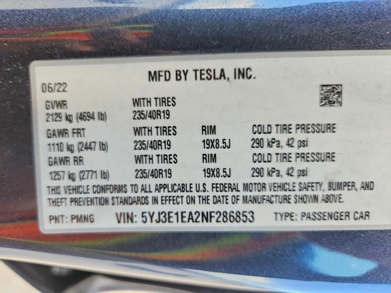 Продаж на аукціоні авто 2022 Tesla Model 3, vin: 5YJ3E1EA2NF286853, номер лоту: 85627335