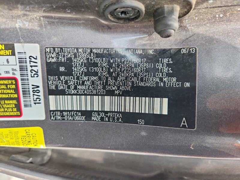 55563716 :رقم المزاد ، 5TDKK3DC4DS381203 vin ، 2013 Toyota Sienna مزاد بيع