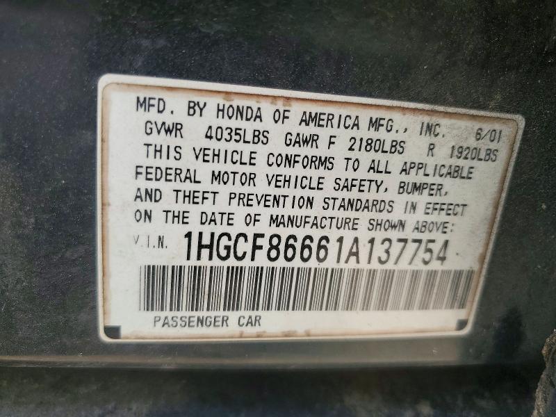 Aukcja sprzedaży 2001 Honda Accord, vin: 1HGCF86661A137754, numer aukcji: 55961036
