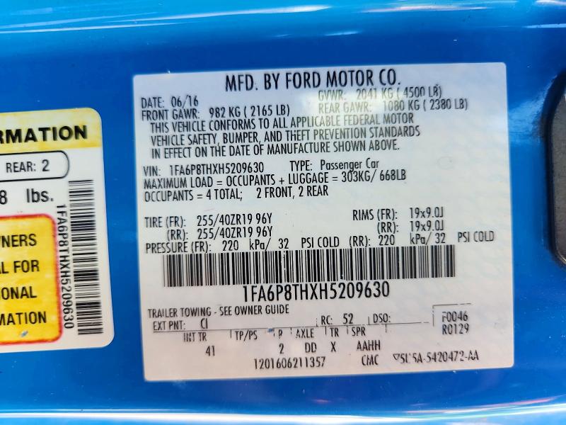 2017 Ford Mustang მანქანა იყიდება აუქციონზე, vin: 1FA6P8THXH5209630, აუქციონის ნომერი: 57741646
