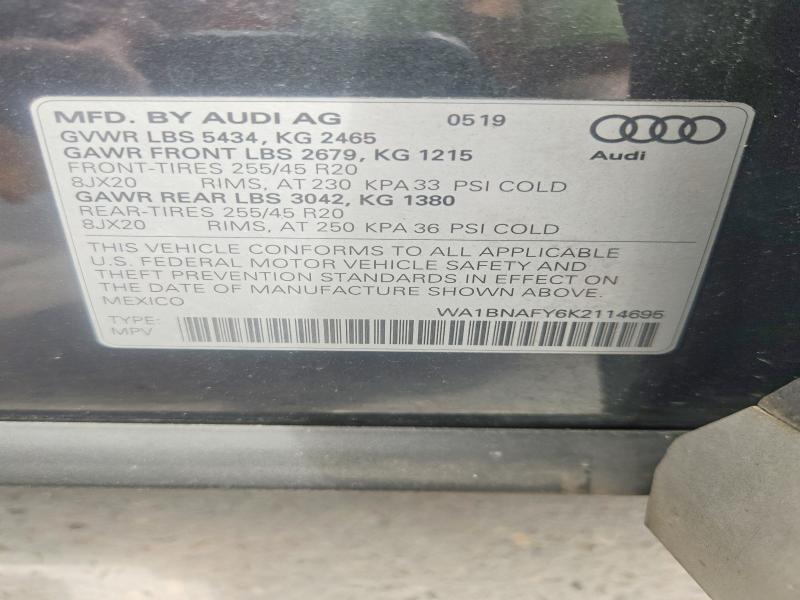 2019 Audi Q5 მანქანა იყიდება აუქციონზე, vin: WA1BNAFY6K2114695, აუქციონის ნომერი: 57042696