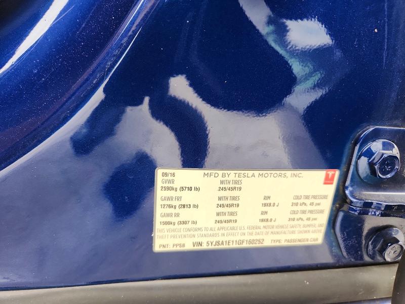 2016 Tesla Model S მანქანა იყიდება აუქციონზე, vin: 5YJSA1E11GF160252, აუქციონის ნომერი: 56396476