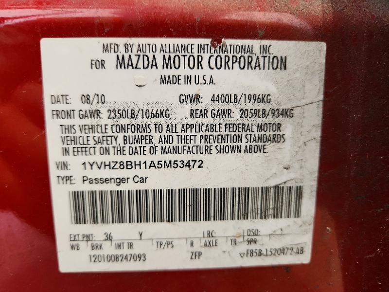 Auction sale of the 2010 Mazda 6, vin: 1YVHZ8BH1A5M53472, lot number: 58399356