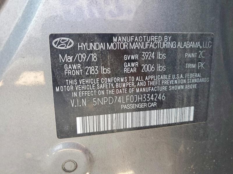 58452656 :رقم المزاد ، 5NPD74LF0JH334246 vin ، 2018 Hyundai Elantra مزاد بيع