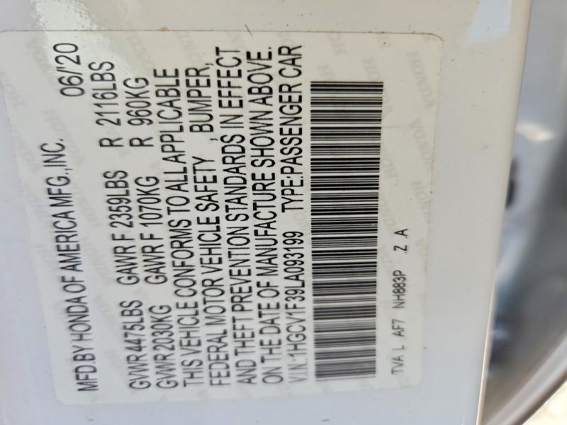 58780826 :رقم المزاد ، 1HGCV1F39LA093199 vin ، 2020 Honda Accord مزاد بيع