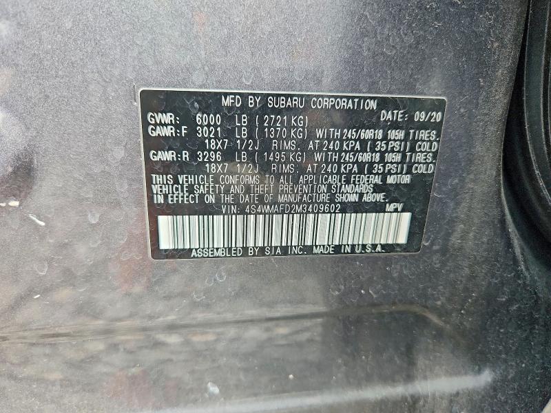 2021 Subaru Ascent მანქანა იყიდება აუქციონზე, vin: 4S4WMAFD2M3409602, აუქციონის ნომერი: 58595296
