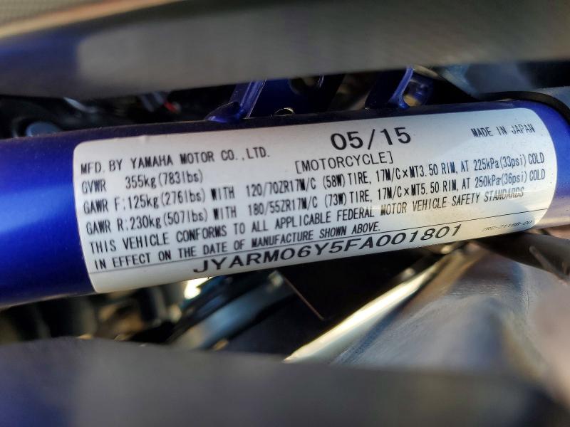 Продаж на аукціоні авто 2015 Yamaha Fz07, vin: JYARM06Y5FA001801, номер лоту: 57398766