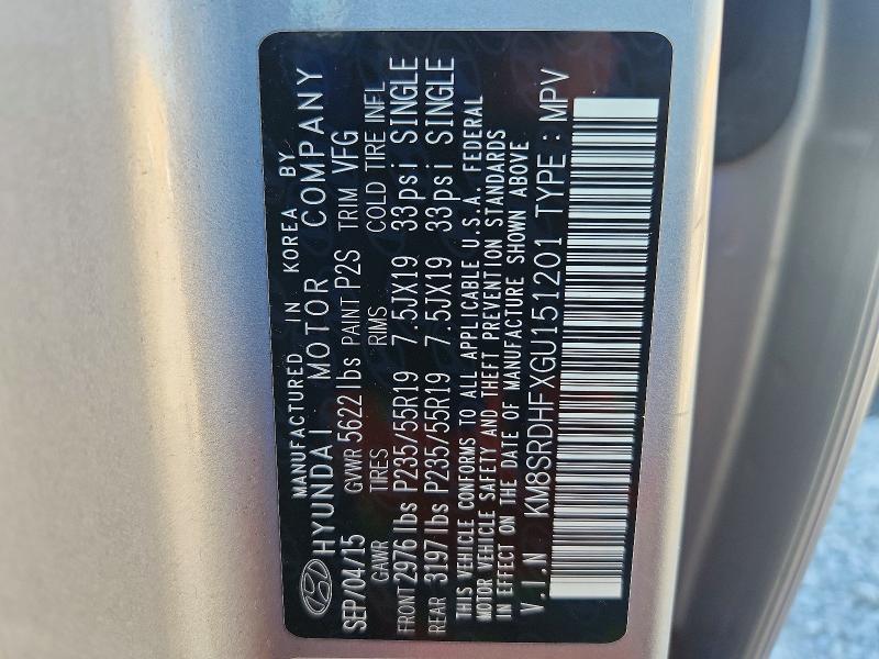 2016 Hyundai Santa Fe მანქანა იყიდება აუქციონზე, vin: KM8SRDHFXGU151201, აუქციონის ნომერი: 56319476
