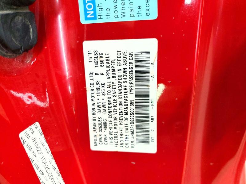 Aukcja sprzedaży 2012 Honda Cr-z, vin: JHMZF1D62CS001359, numer aukcji: 55870976
