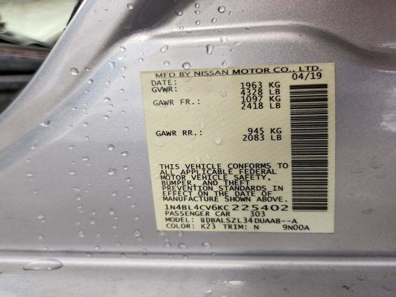 2019 Nissan Altima მანქანა იყიდება აუქციონზე, vin: 1N4BL4CV6KC225402, აუქციონის ნომერი: 58495506
