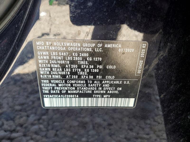 2020 Volkswagen Atlas Cross Sport მანქანა იყიდება აუქციონზე, vin: 1V2AC2CA1LC208014, აუქციონის ნომერი: 85461285