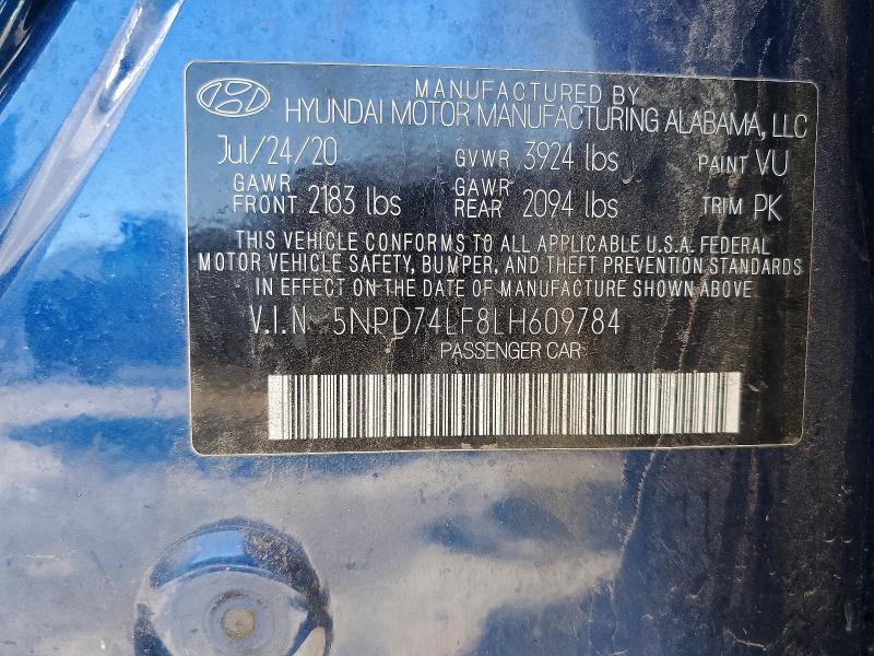 2020 Hyundai Elantra მანქანა იყიდება აუქციონზე, vin: 5NPD74LF8LH609784, აუქციონის ნომერი: 56954116