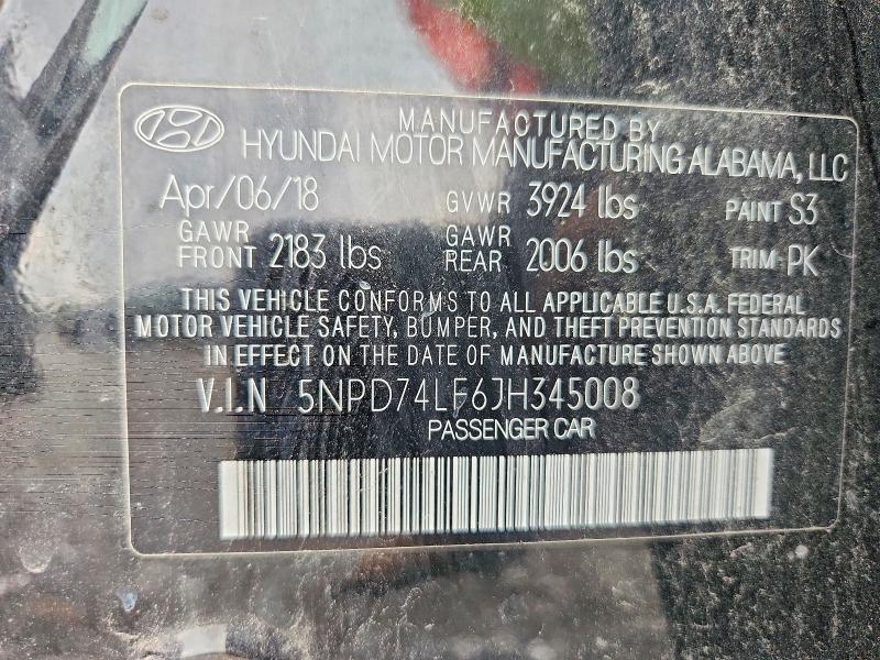 58704166 :رقم المزاد ، 5NPD74LF6JH345008 vin ، 2018 Hyundai Elantra مزاد بيع