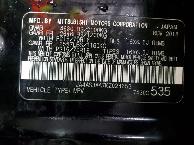 56276096 :رقم المزاد ، JA4AS3AA7KZ024652 vin ، 2019 Mitsubishi Eclipse Cross مزاد بيع