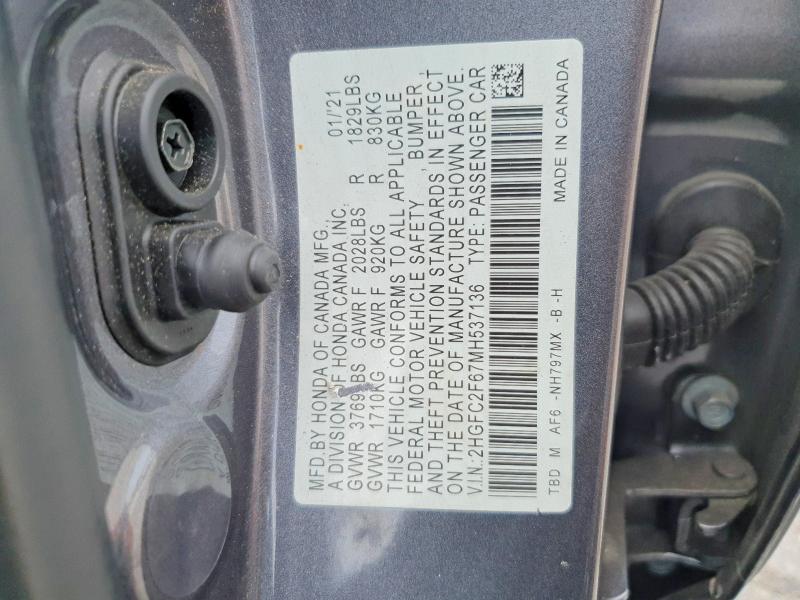 Продажа на аукционе авто 2021 Honda Civic, vin: 2HGFC2F67MH537136, номер лота: 56079736