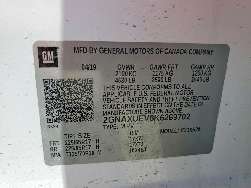 2019 Chevrolet Equinox მანქანა იყიდება აუქციონზე, vin: 2GNAXUEV8K6269702, აუქციონის ნომერი: 56257476