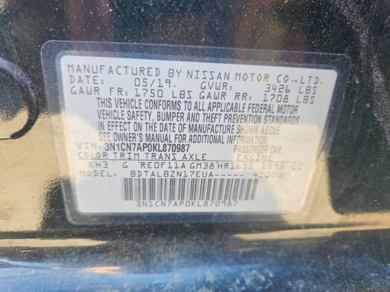 Продаж на аукціоні авто 2019 Nissan Versa, vin: 3N1CN7AP0KL870987, номер лоту: 55853136