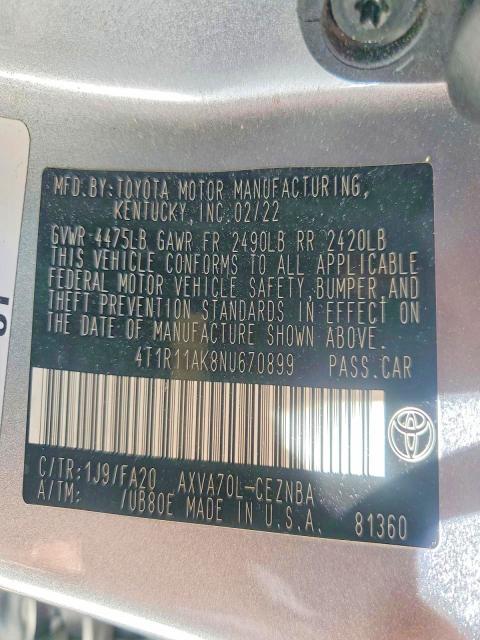2022 Toyota Camry მანქანა იყიდება აუქციონზე, vin: 4T1R11AK8NU670899, აუქციონის ნომერი: 58017916