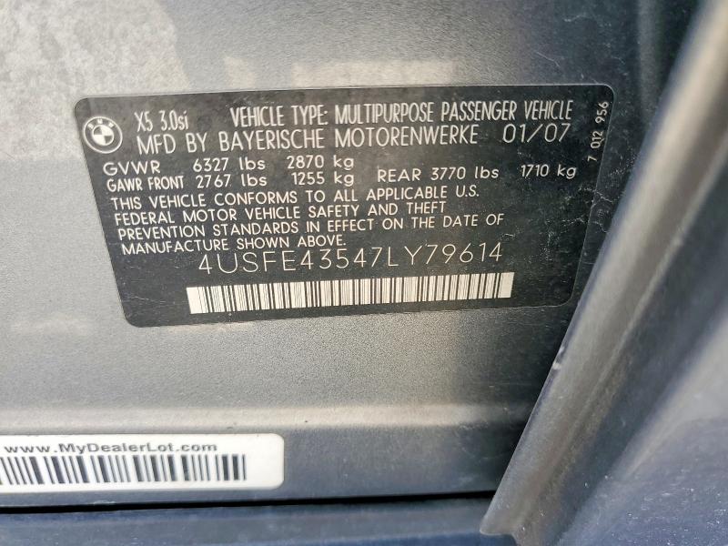 58131396 :رقم المزاد ، 4USFE43547LY79614 vin ، 2007 Bmw X5 مزاد بيع