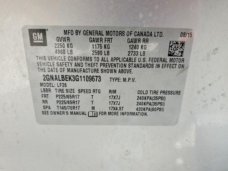 Aukcja sprzedaży 2016 Chevrolet Equinox, vin: 2GNALBEK3G1109673, numer aukcji: 54722136