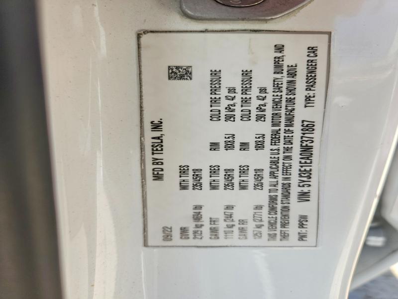 Продаж на аукціоні авто 2022 Tesla Model 3, vin: 5YJ3E1EA0NF371867, номер лоту: 58907636