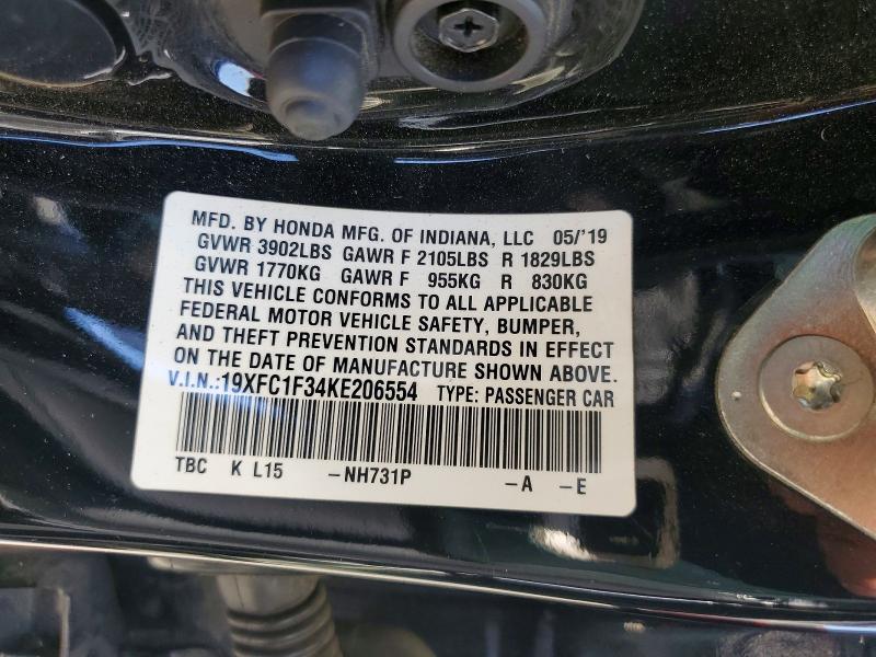 Auction sale of the 2019 Honda Civic, vin: 19XFC1F34KE206554, lot number: 55611736