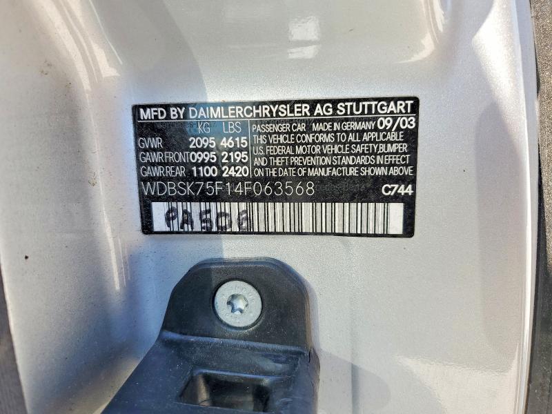 55814606 :رقم المزاد ، WDBSK75F14F063568 vin ، 2004 Mercedes-benz Sl مزاد بيع