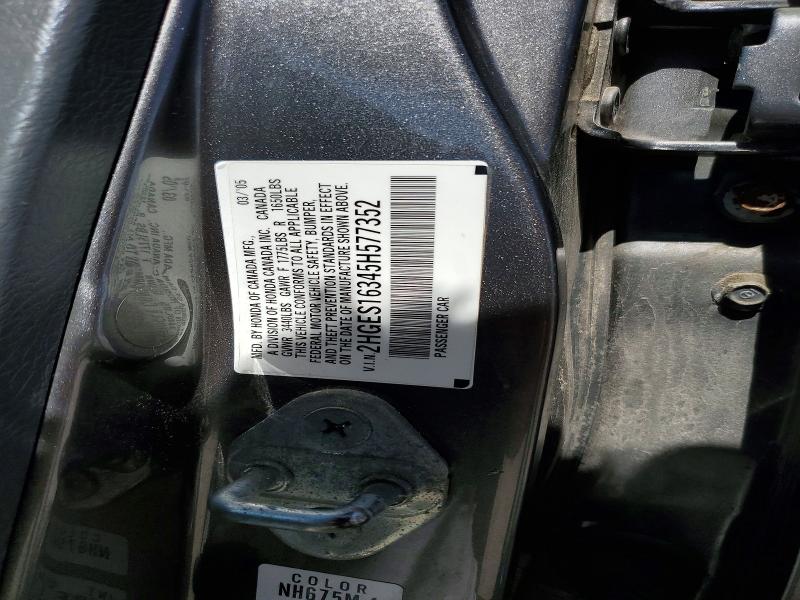 Продажа на аукционе авто 2005 Honda Civic, vin: 2HGES16345H577352, номер лота: 58173256