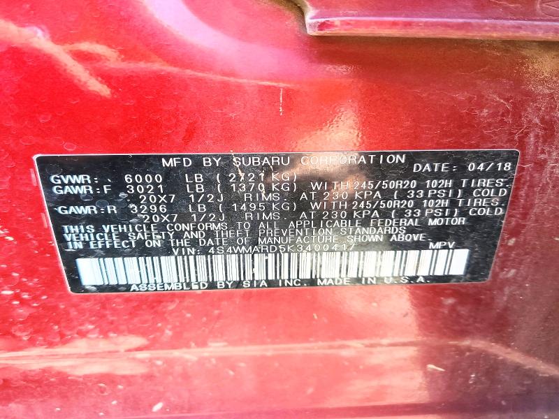 55465966 :رقم المزاد ، 4S4WMARD5K3400417 vin ، 2019 Subaru Ascent مزاد بيع