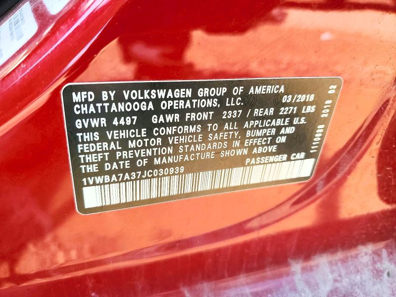 2018 Volkswagen Passat მანქანა იყიდება აუქციონზე, vin: 1VWBA7A37JC030939, აუქციონის ნომერი: 56686656