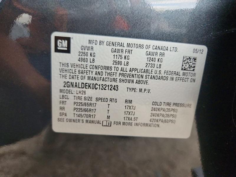 Aukcja sprzedaży 2012 Chevrolet Equinox, vin: 2GNALDEK0C1321243, numer aukcji: 55711756