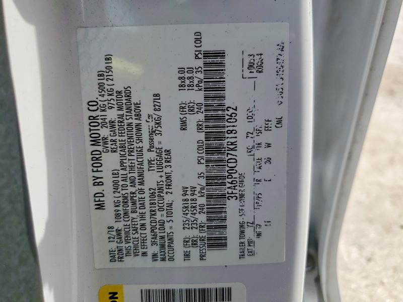 2019 Ford Fusion მანქანა იყიდება აუქციონზე, vin: 3FA6P0CD7KR181062, აუქციონის ნომერი: 55850706