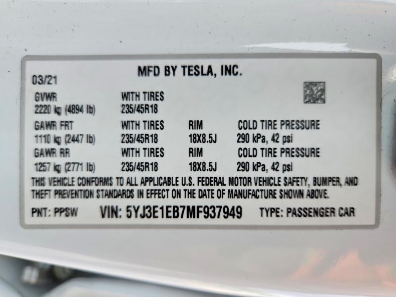 Продаж на аукціоні авто 2021 Tesla Model 3, vin: 5YJ3E1EB7MF937949, номер лоту: 55639476