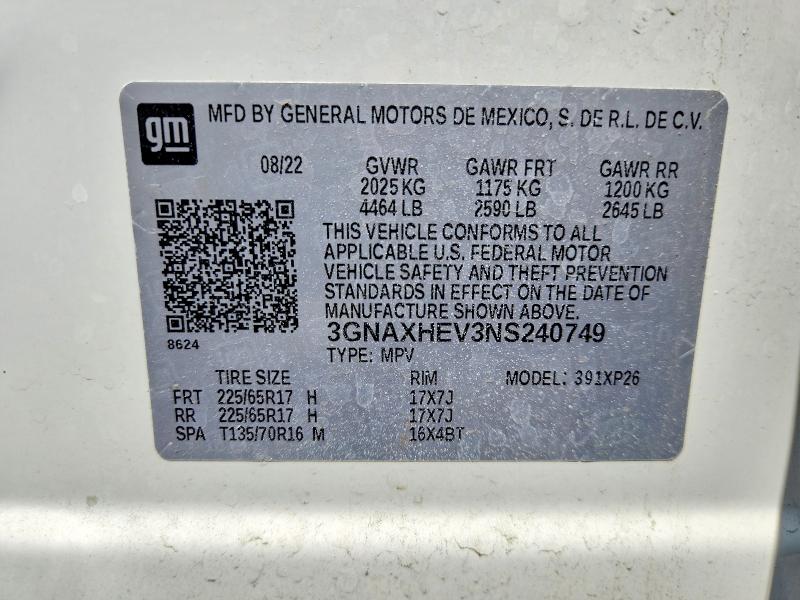 2022 Chevrolet Equinox მანქანა იყიდება აუქციონზე, vin: 3GNAXHEV3NS240749, აუქციონის ნომერი: 55621786