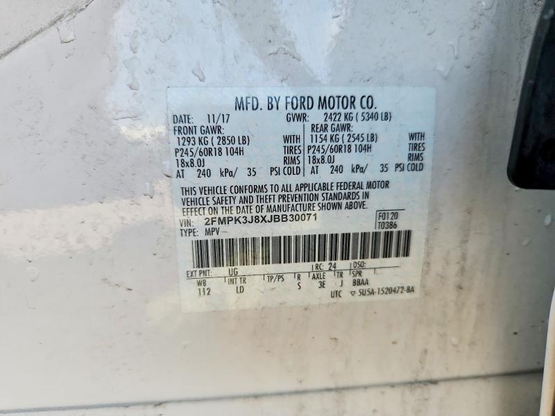 58535656 :رقم المزاد ، 2FMPK3J8XJBB30071 vin ، 2018 Ford Edge مزاد بيع