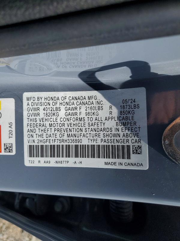 2024 Honda Civic მანქანა იყიდება აუქციონზე, vin: 2HGFE1F75RH336890, აუქციონის ნომერი: 56757066