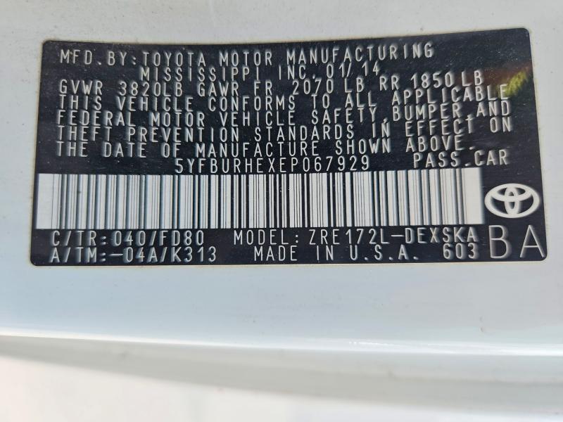 Aukcja sprzedaży 2014 Toyota Corolla, vin: 5YFBURHEXEP067929, numer aukcji: 56188956